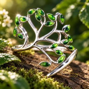 Bague Arbre de Vie Fantaisie - Feuilles de Pierres Vertes