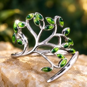 Bague Arbre de Vie Fantaisie - Feuilles de Pierres Vertes