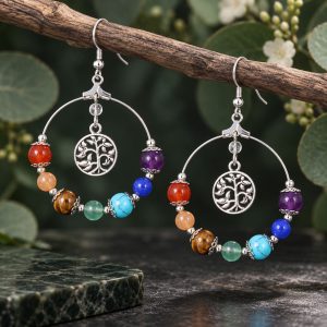 Boucles d'Oreilles Arbre de Vie à Perles Colorées