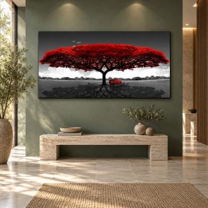 Tableau Arbre de Vie Feuilles Rouges sur Fond Noir et Blanc