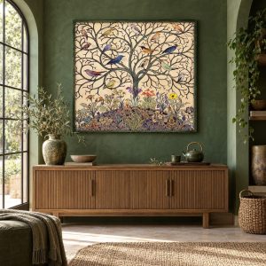 Tableau Zen Arbre de Vie, Oiseaux et Fleurs