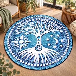 Tapis Rond Arbre de Vie Bleu et Blanc