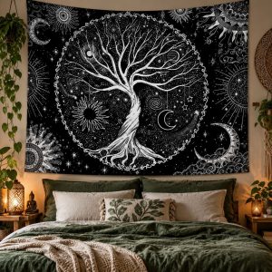 Tenture Murale Arbre de Vie Noir et Blanc