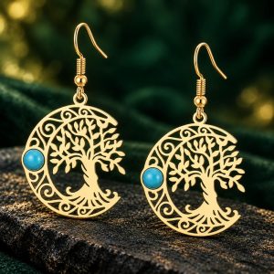 Boucles d'Oreilles Arbre de Vie et Croissant de Lune