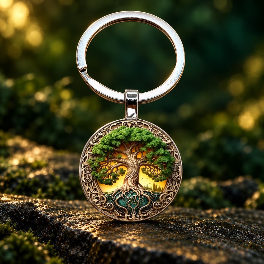 Porte-Clé Rond en Verre Arbre de Vie