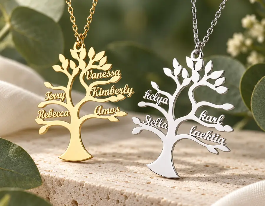 Colliers Arbre de Vie personnalisés, branches gravées de prénoms, versions dorée et argentée