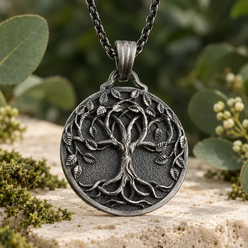 Pendentif Arbre de Vie argenté au style vintage, détail des branches gravées