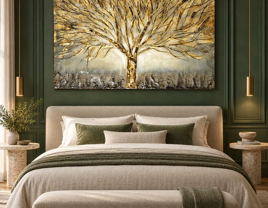 Tableau Arbre de Vie doré au feuillage lumineux, peinture murale aux reflets dorés