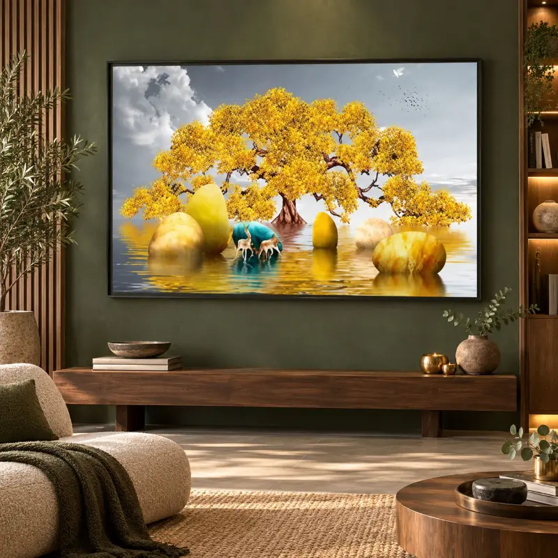 Grand tableau Arbre de Vie scandinave au feuillage doré
